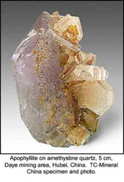 Apophyllite on quartz, Daye mining area, Hubei, China; 3.5 x 5 cm; TC Mineral-China specimen and photo