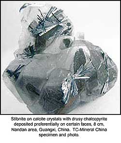 Calcite with stibnite and epitactic chalcopyrite, Nandan area, Guangxi, China; 6.5 x 8 cm; TC Mineral-China specimen and photo