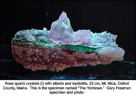 Rose quartz with elbaite and lepidolite, Mt. Mica, Oxford County, Maine: the "Yorktown."  23 cm.  Gary Freeman specimen and photo